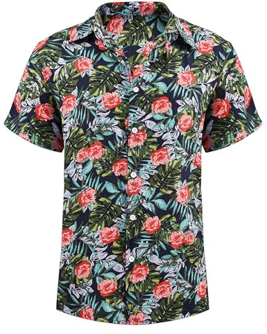 Yuson Girl Hommes Funky Hawaïenne Chemises à Manches Courtes Button Down Vacances Ete Aloha Imprimé Plage Casual Vintage Hawaii Chemise(Navy-Rose, XXL)