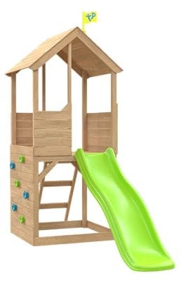 TP Toys - Treehouse Wooden Play Tower, With Panel Kit, Balcony, Wavy Slide With Slide Lock & Swing Arm. Two-storey Wooden Playhouse, Lookout Deck, Made From FSC Certified Wood - Age 3 Years+