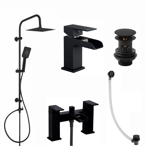 ENKI, Plaza, BBT0259, Matte Black Tap Bundle incl. Bath Shower Mixer Tap with Dual Riser Rail, Basin Mixer, Bath and Basin Wastes