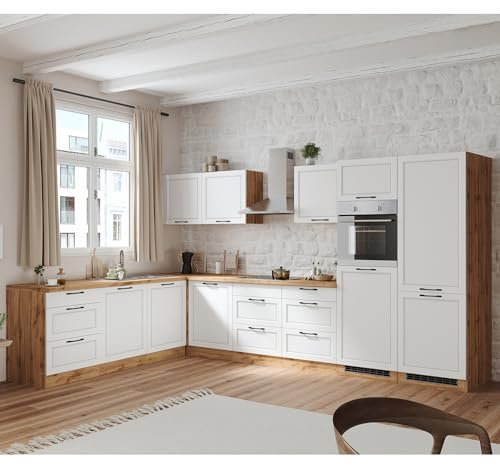 Lomadox Winkelküche Küche Einbauküche Küchenzeile L-Form 360/240 cm mit E-Geräten in weiß und Eiche, Arbeitsplatte in Eiche, inkl. Induktionskochfeld