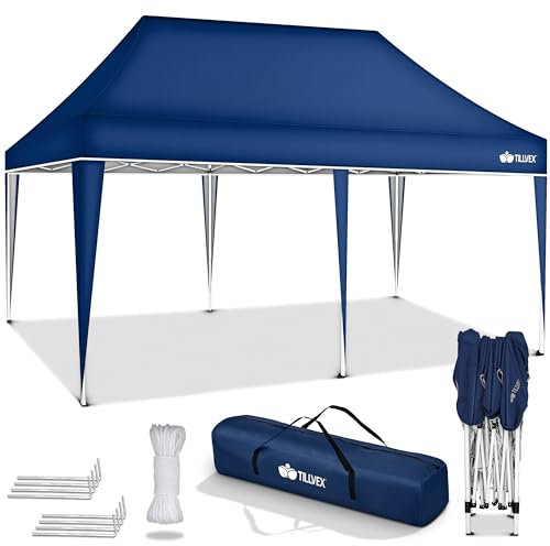tillvex Cenador plegable de 3 x 6 m, resistente al agua, altura regulable, protección ultravioleta de 50+, carpa para fiestas en el jardín, con bolsa (azul)