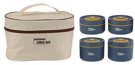 Goshyda Lonchera con Bolsa Térmica, Contenedores de Almuerzo Portátiles a Prueba de Fugas, Lonchera Redonda de Acero Inoxidable 304 para Adultos Niños para Picnic Viajes (4 Caja