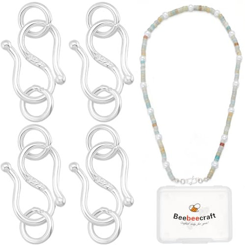 Beebeecraft 1 Box 4Pcs S Hook Jewelry Clasps and Closures 925 Sterling Silver with Jump Rings S Shaped Clasp Connectors for Jewelry Making Bracelets Necklaces Supplies DIY Crafts 9x7x1mm