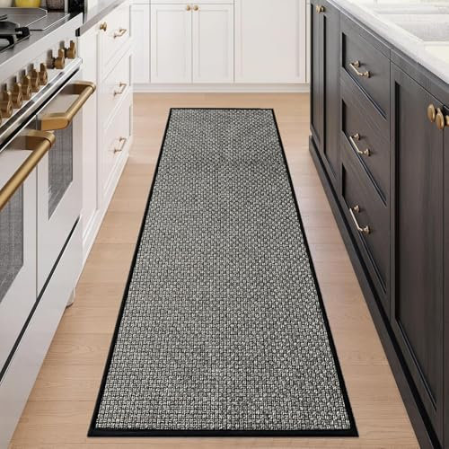 Cheerx Küchenteppich Waschbar rutschfest, Küchenläufer rutschfest, Geometrisches Strukturgeflecht Teppich Läufer Flur, Waschbare Teppiche für Küchen, Terrasse & Wohnraum, Schwarz, 43x180cm