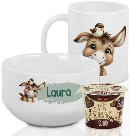 GRAZDesign Frühstückset Tasse mit Müslischale personalisiert für Kinder Esel Motiv aus Keramik - Geschenkset