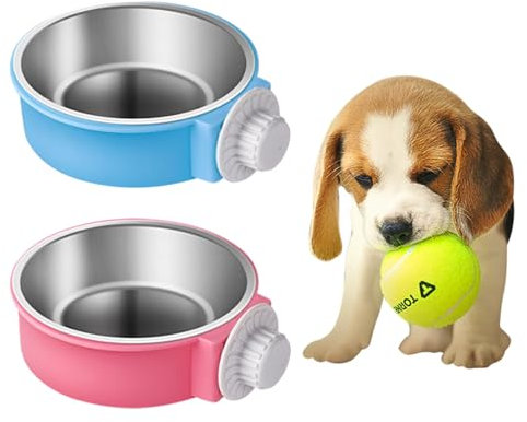 2Pcs Pet Crate Bowls, 2-in-1 Pet Hanging Bowls for Crates & Cages, Removable Stainless Steel Dog Water Food Bowls with Plastic, Non Spill for Puppy Small Dog Cat (Large)