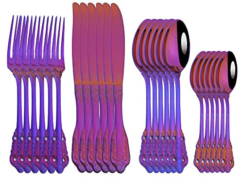 XDAWQP Posate in Acciaio Inox, Set di Posate da 24 Pezzi, coltelli, forchetta, cucchiaino da tè, stoviglie da tavola, Set di Posate in Acciaio Inox 304, Posate da Cucina, Posate,Viola 24 Pezzi