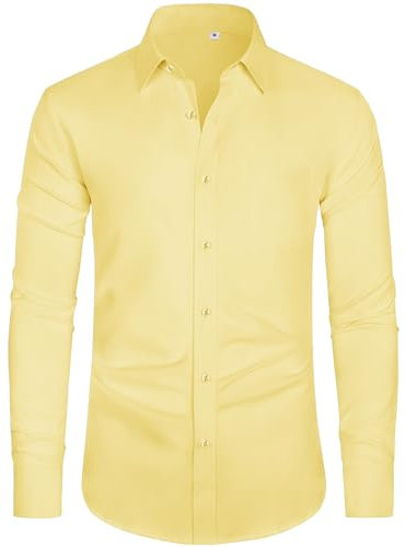 J.VER Shirts for Men Adult Fashion Yellow Smart Casual 4-Way Stretch Formal Dress Long Sleeve Business Work Button Down Shirt XL