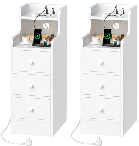 Utlenianie Schmaler Nachttisch Weiß, Schmal Nachttisch mit Ladefunktion, 3 Schublade,1 Offene Fächer, Schmaler Kleiner Beistelltisch mit Ladefunktion, 25x70x35 cm Nachtkästchen Platzsparend(Weiß-2PCS)