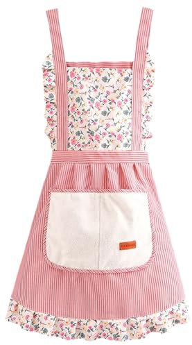 Rumnoke Apron for Women Adjustable Cooking Aprons Kitchen Baking Aprons with Pockets Striped Pink