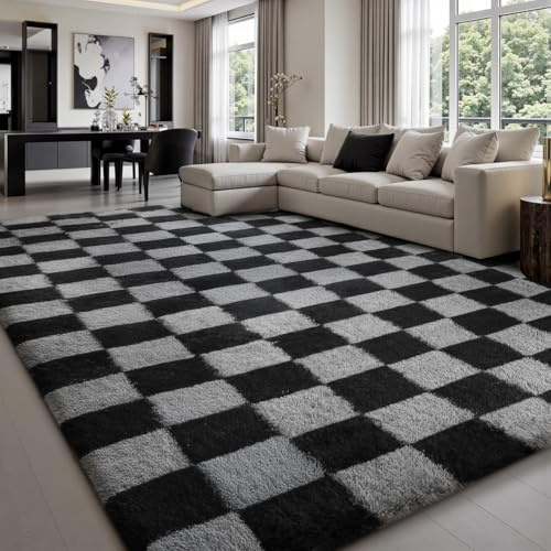 Sour Lemon Area Rugs Living Room Bedroom 200x300cm, Large Fluffy Carpet | Soft Shaggy Checkered Rugs, Washable Area Rug Anti Slip, Fuzzy Carpets for Kids Room Nursery, Dorm Home Decor, Black and Grey