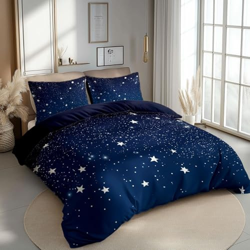 CozyRest Bettbezug 135 x 200 cm Sternenhimmel Muster 3 Teilig Bettwäsche-Sets Weich Mikrofaser mit 2 mal Kissenbezüge 80x80 cm, Bügelfrei Knitterfrei Dunkelblau Bettbezug für Allergiker geeignet