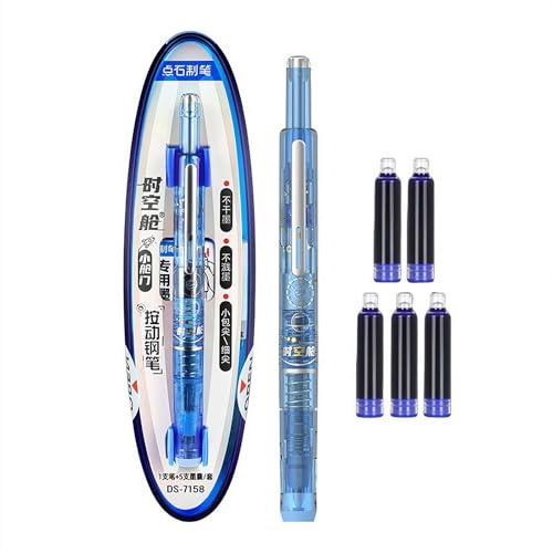 Portable Retractable Fountain Pen - Medium Nib Capsule Design Fountain Pen for Kids Writing & School Notes - Smooth Ink Flow (Blue)