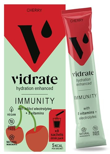 Vidrate Electrolytes Powder, Cherry, 8 Sachets | Hydration Sachets, Zero Sugar, Vitamins & Minerals, No Artificial Sweeteners or Preservatives, Low-Calorie, Gluten Free