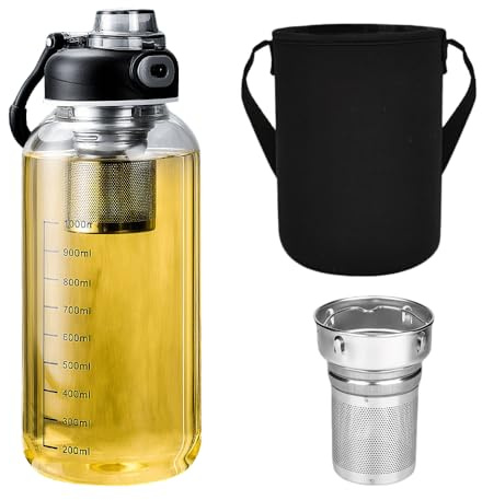 Calenxy Bouteille en verre avec infuseur à thé, 1,5 l, réutilisable, portable, avec étui de protection, anti-fuite, bouteille d'eau en verre pour eau, boissons