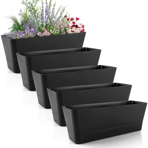 LOLYSIC 5 Stück blumenkästen Balkon, Kleiner Rechteckiger Paletten Blumenkasten, Blumenkasten Fensterbank Pflanzkasten, Schwarz Plastik Pflanzgefäß für Garten, Balkon, Fensterbank（30.5x9.7x8.5CM）
