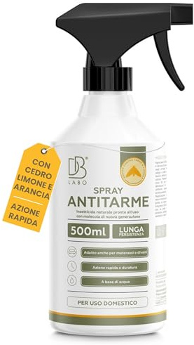 DB Labo, Spray Antitarme 500ml, Insetticida Farfalline Cibo, Antitarme per Armadi Vestiti, Materassi e Divani, Azione Rapida, Lunga Persistenza, a Base di Acqua e Oli Essenziali