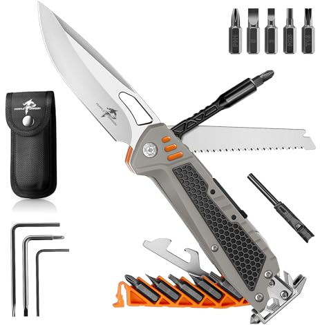 Purple Dragon 13 in 1 Multitool - Camping Taschenmesser Klappmesser - Grau | 13in1 Edelstahl Werkzeug, rutschfester Griff, magnetische Bits, leicht mit Tasche & Box, Camping Wandern Auto, Männergeschenk