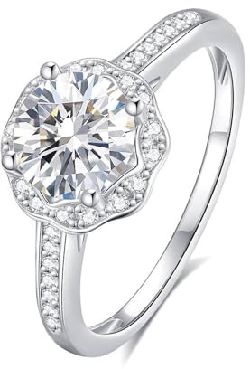 Stfery Pavé Halo Ring Platin Damen, Trauringe mit Moissanit 1ct Echte Goldschmuck Gr.60 (19.1)