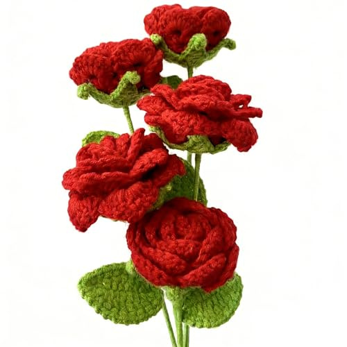XineYuor Gehäkelte Blumen,5PCS Häkelblumen,Handgefertigte Gestrickte Häkel Blumenornamente Künstliche Blume für Muttertag Mädchen Geschenk Hochzeit Bouquet Jahrestag Valentinstag Frauen Tag (Rose)