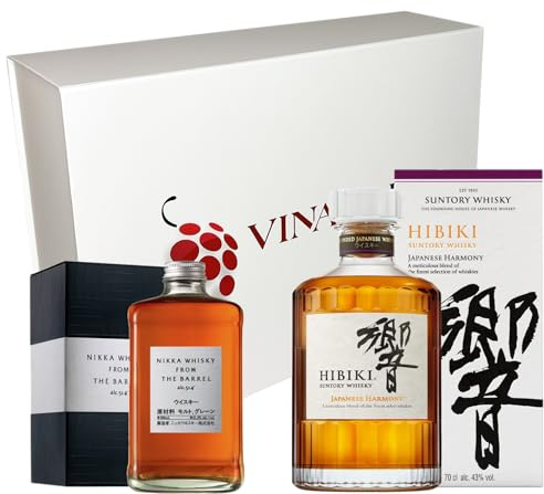 VINADDICT Coffret Cadeau Whiskys Japonais - Hibiki Harmony 70cl et Nikka From the Barrel 50cl, 2 Bouteilles, Coffret Blanc Aimanté