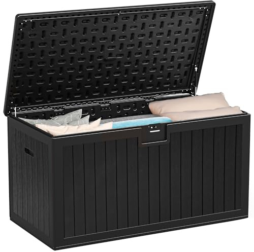 YITAHOME Gartenbox Außen 567.8 Liter, Wetterfeste Aufbewahrungsbox mit Abschließbarem Deckel, Robuste Outdoor-Sitzbank für Terrasse, Gartenmöbel, Kissen, Poolzubehör & Werkzeug, Schwarz