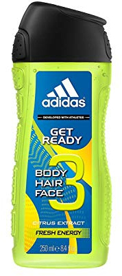 Adidas – Gel Doccia Get Ready. 3 in 1 Fragranza fresca e frizzante di agrumi, capelli e viso – 250 ml