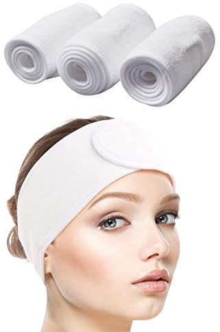 SINLAND 3 Stück Haarband für Make Up Kosmetik Stirnband Frottee Verstellbare Haarschutzband mit Klettverschluss für Gesicht Sport Yoga Spa Weiße