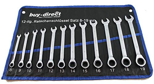 buy-direct Ring-Ratschenschlüssel-Satz SW 8-19mm 12-teilig 72 Zähne in Rolltasche