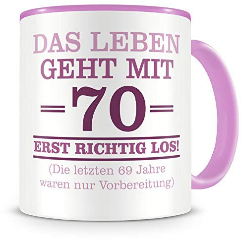 Samunshi® Kaffeebecher Geburtstag Mit 70 geht das Leben los Geburtstags Tasse Geschenk Kaffeetasse Teetasse Kaffeepott Kaffeebecher Becher rosa Keramik 300ml