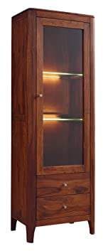 MASSIVMOEBEL24.DE | Brooklyn Vitrine aus Massivholz #26 | aus Sheeshamholz - Walnuss, geölt | 3 Fächer + 2 Schubladen | 178x60x40 cm | Schrank Glasvitrine Hochschrank