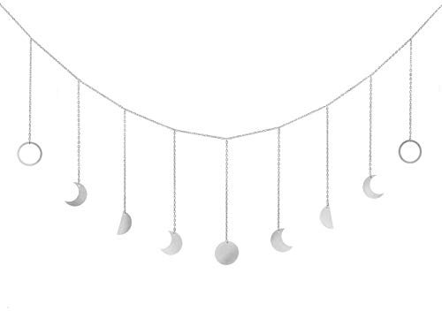 Mkouo Mond Phase Girlande with Chains Boho Shining Phase Wandbehang Urlaub Ornamente Mond hängen Art Room Decor for Bedroom Living Room Apartment Dorm Nursery Home Office, Silber