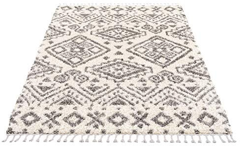 Teppich Wohnzimmer Shaggy - Creme 240x340cm - Schlafzimmer Soft Shaggy Flauschig mit Fransen - Rauten Muster - Oeko Tex 100 Standard - Allergiker geeignet