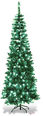8Ft/2.4m Pre-Lit Artificial Slim Christmas Tree Green Pencil Tree, Pointed Tips, Metal Stand Cool White LEDs Lights Holiday Home Decorations