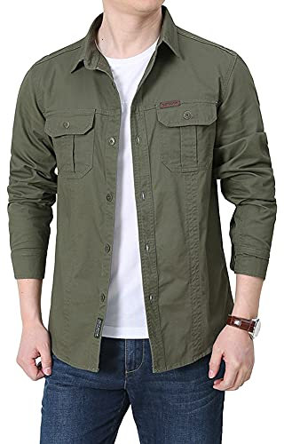 DAIHAN Homme Classique Cotton Printemps Été Automne Chemise Cargo Militaire Bomber Casual Chemise de Travail à Manches Longue Chemises Shirts Chemisette Boutons Veste Cargo Décontractée,Vert Armée,L