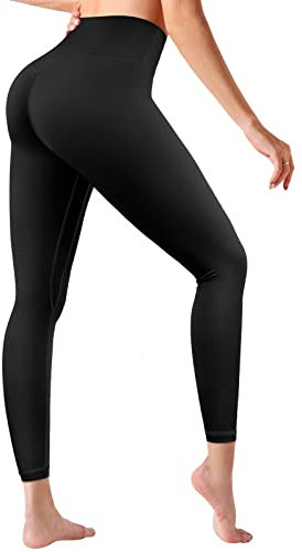 Oielai Leggings für Damen High Waist, Weiche Push Up Leggings Yoga Lange Leggings Slim Sports Leggins mit Innentasche, Schwarz, XL