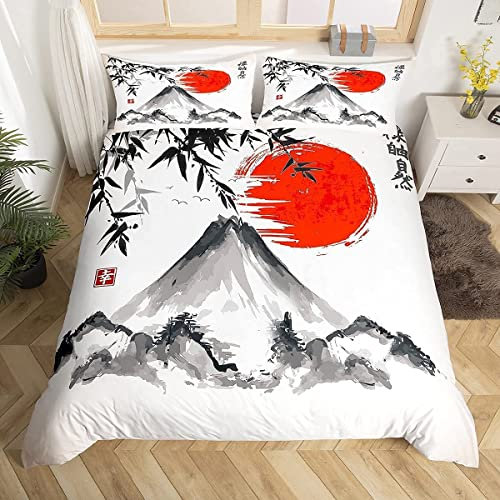 Japanischer Stil Bettwäsche Set Exotic Fuji-Berg Sonne Bettbezug Set für Kinder Jungen Mädchen Frauen Männer Tinte Bambus Bettwäsche 135x200cm Aquarell Tinte Bettwäsche & Leinen mit 1 Kissenbezügen