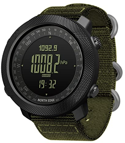 North Edge Apache Tactical Sports Watches for Men , Outdoor Survival Military Compass Rock Solid Digital Watches with Durable Band, Steps Tracker Pedometer Calories (Green)…