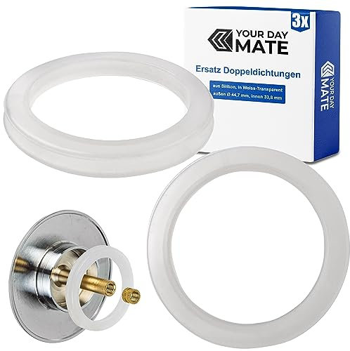 Ersatz Dichtung für Badewannenstöpsel, 3 Stück, aus Silikon, in Transparent, Dichtungsring mit Doppeldichtung, Größe außen Ø 44,7 mm, innen Ø 33,8 mm, Ventilkegel Dichtring Badewanne, Stöpseldichtung