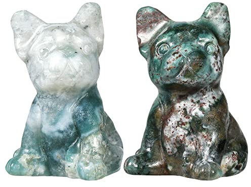 Nupuyai 2 STK. Kleine Französische Bulldogge Figur Deko Hund Glücksbringer | Moosachat, 3 cm Edelstein Französische Bulldogge Welpe, Taschenstein, Hund Deko Figur, Geschenk für Hundeliebhaber