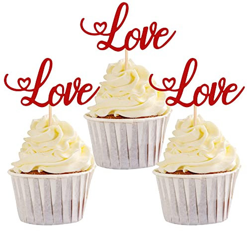 24 Stück Love Valentine's Day Cupcake Toppers rot Glitter Herz Süße Liebe Muffin Dekoration Dekorationen für Valentinstag Thema Hochzeit Braut Dusche Geburtstag Party Kuchendekoration