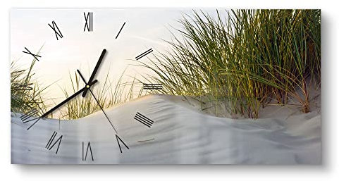 DEQORI Glasuhr | vertikal 60x30 cm | Motiv Düne mit Dünengras | große XXL Design Uhr aus Glas | leise Wanduhr für Wohnzimmer & Küche | moderne Hingucker Uhr für die Wand