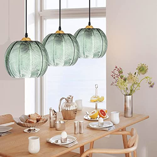 YQGOO pendelleuchte esstisch Industrielle Vintage Pendelleuchten Grünes Glas Kronleuchter Streifen Glas Lampenschirm E27 Moderne Hängelampe Deckenlampe für Küche Wohnzimmer (3pack)