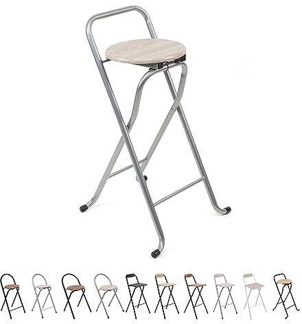 THE SECRET HOME Taburete Plegable con Respaldo - Silla Plegable de Metal y Madera - Ideal para Cocina, Terraza o Jardín (Alto. 80 cm x Largo. 45 cm - Patas Plateadas)