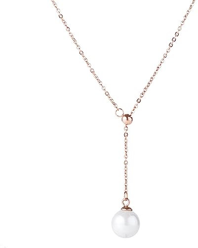 Collana Lariat placcata in oro rosa 18 carati con perle d'imitazione e perle d'imitazione, in acciaio al titanio placcato oro rosa 18 carati, Acciaio al titanio placcato oro rosa 18k / perla