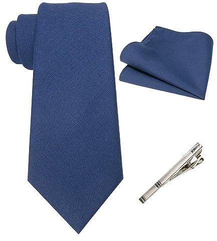 JEMYGINS Cravate rétro en coton mélangé avec pochette et pince à cravate, bleu marine, M