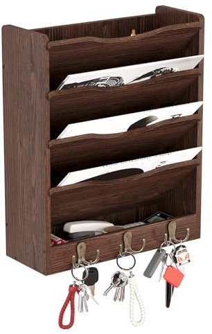 Senhoglb 5 Tier Hanging Wall File Holders Letter Size Wall File Organiser Wood Mail Organiser with 6 Hooks, Brown
