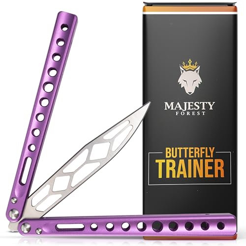 MAJESTY FOREST® Profi Butterfly Trainer (Lila) - Made with CNC aus Aluminium - Legales Balisong Messer mit stumpfer Klinge als Trainingsmesser - Inkl. Zubehör