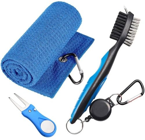 Berfea Kit di pulizia 3 in 1 per mazze da golf, spazzola per la pulizia delle mazze da golf con detergente per scanalature, asciugamano da golf, strumento di riparazione pieghevole per divot, regalo