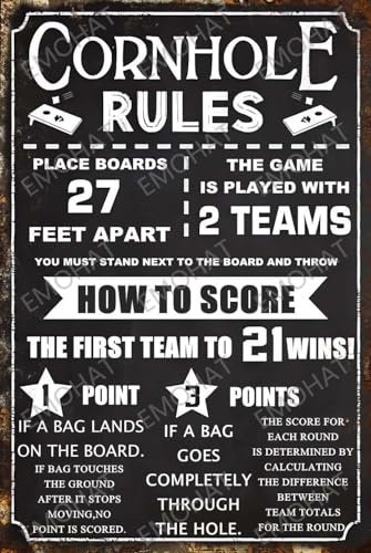 EMOHAT Tin Sign Wall Decoration Cornhole Rules Score Family Games Points Iron Poster Living Room Bedroom Man Cave Garage Wall Art Tin Painting Metal Plate Aluminium Decor 8x12inch